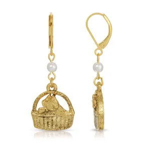 1928 Jewelry Faux Pearl Gold Cat In Handbasket Dangling Earrings