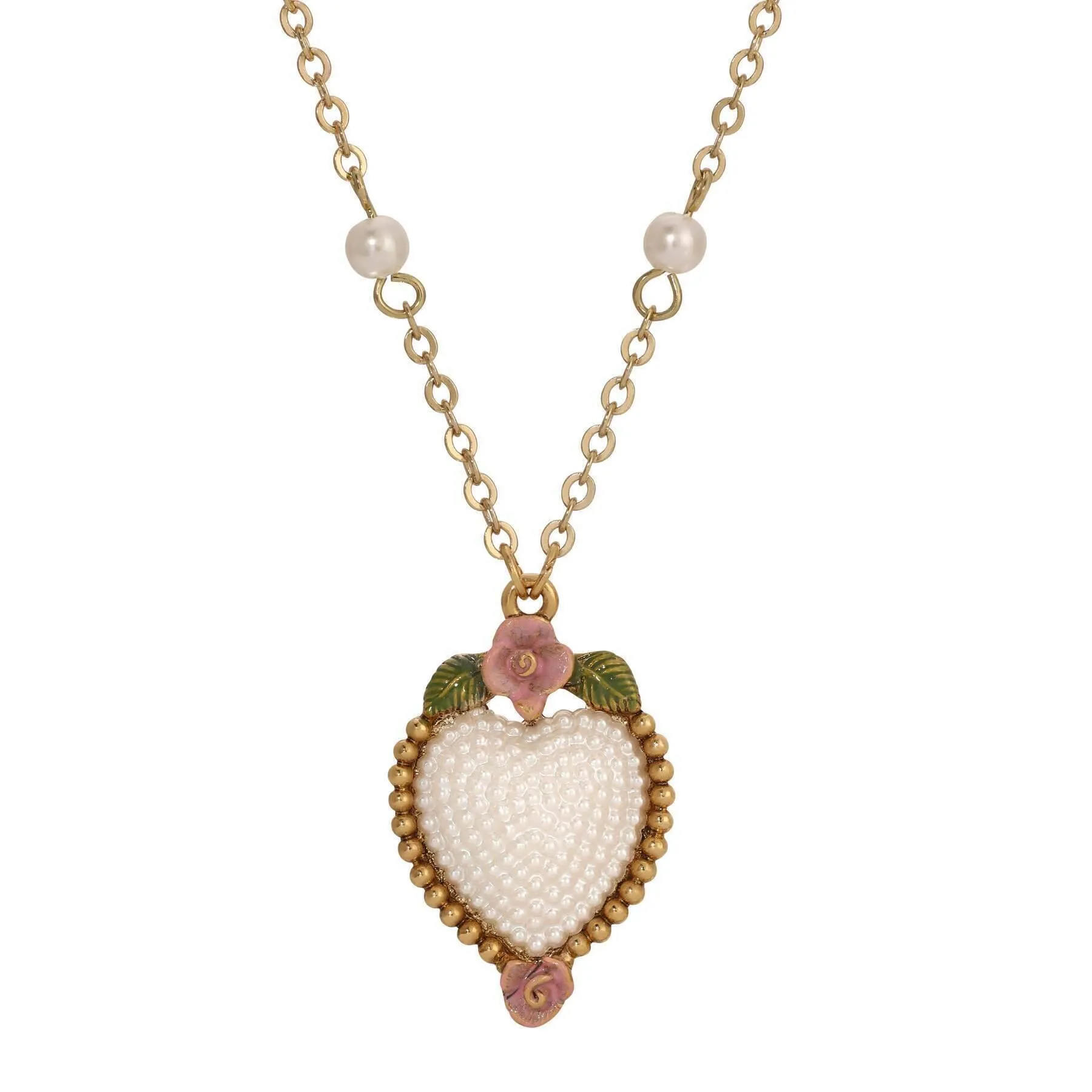 1928 Jewelry Pearly Eden Pink Rose Enamel Faux Pearl Heart Pendant Necklace 16 + 3 Extender