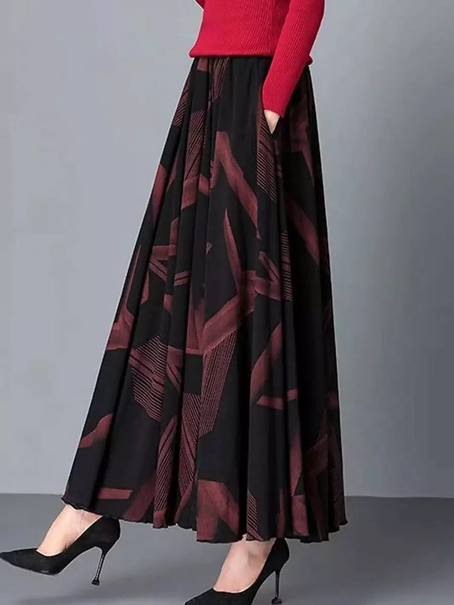 A Line Maxi Skirt for Women in Black, Yellow, and Red with Pleated Print and Pockets