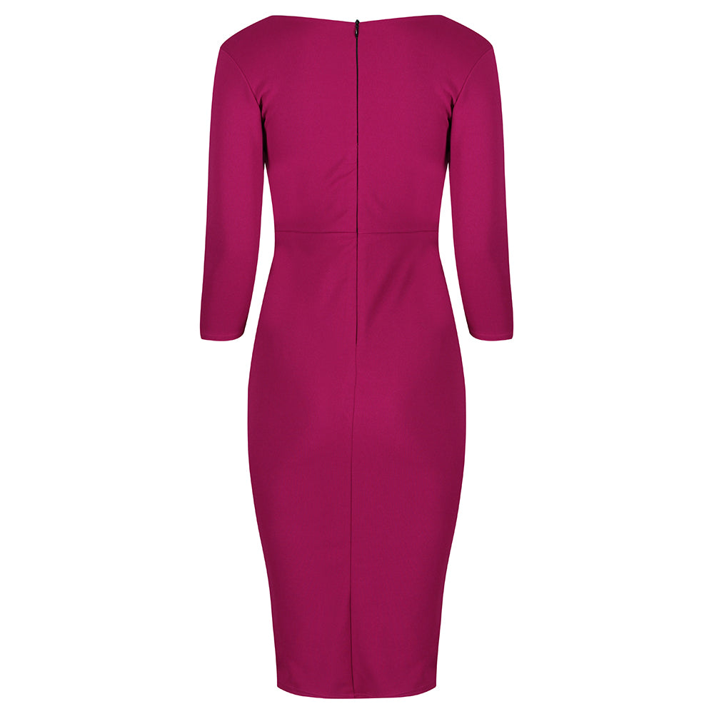 Amaranth 3/4 Sleeve Empire Waist Waterfall Ruffle Wiggle Pencil Dress