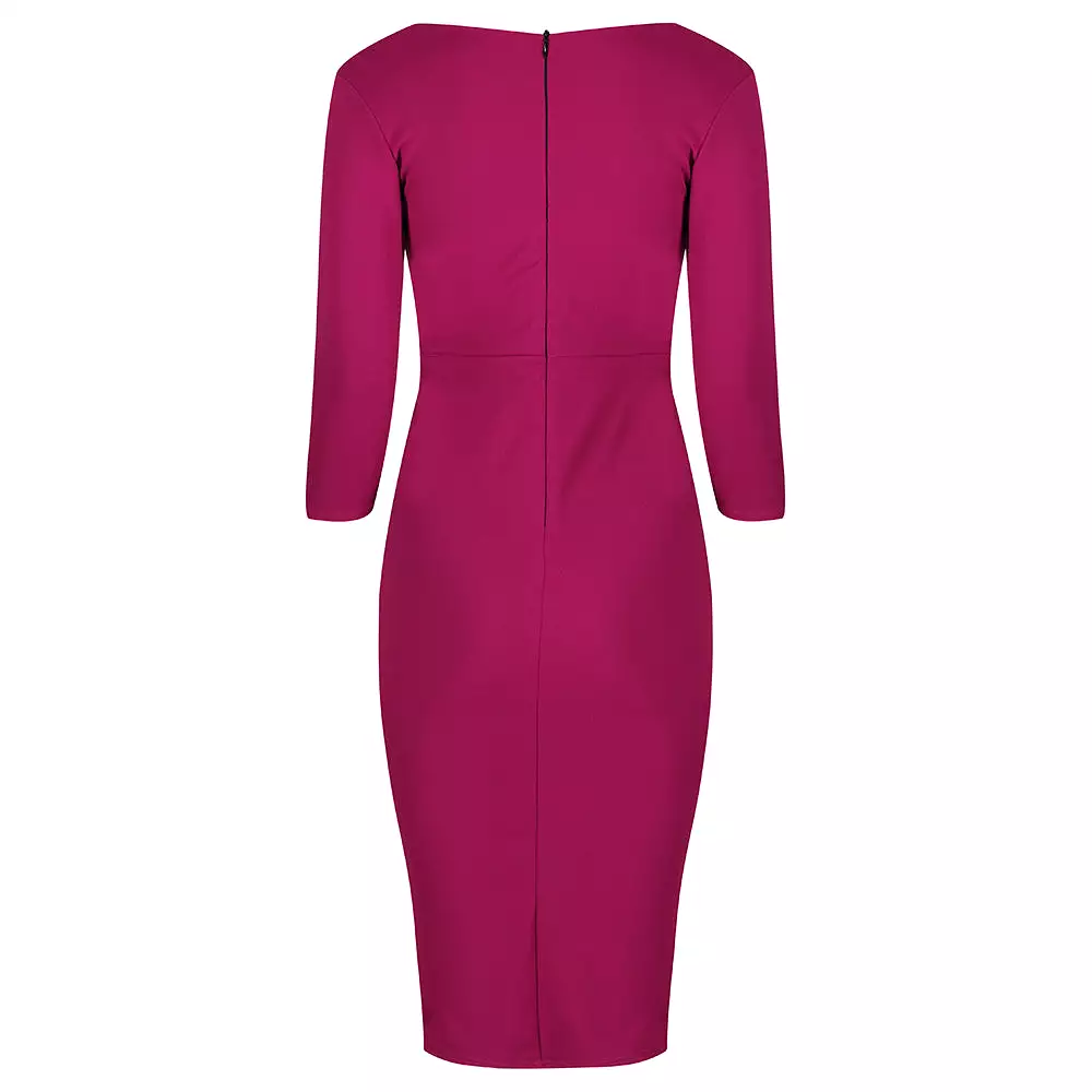 Amaranth 3/4 Sleeve Empire Waist Waterfall Ruffle Wiggle Pencil Dress