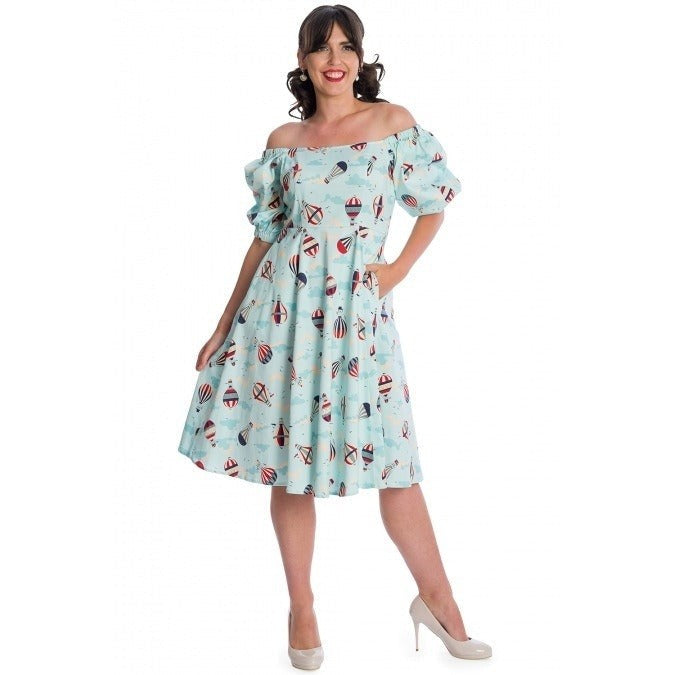 Aqua Blue Hot Air Balloon Print Puff Sleeve Vintage Style Swing Dress