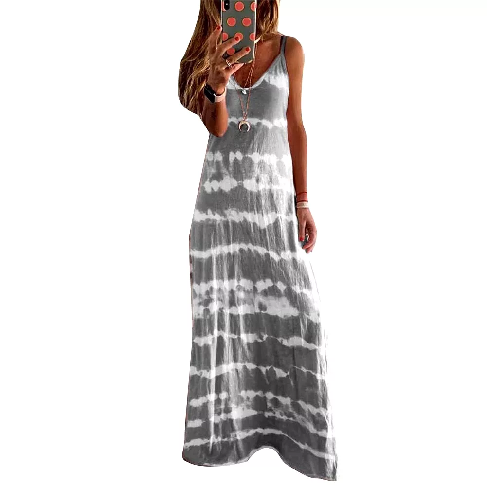 Ashore Shop New Arrival M-5XL Plus Size Women Ladies Casual Loose Sleeveless V Neck Tie Dye Print Long Vest Beach Sling Dress Sp