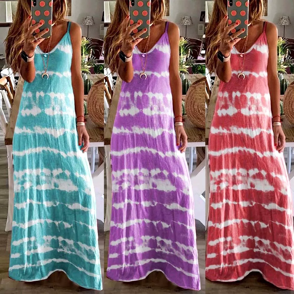 Ashore Shop New Arrival M-5XL Plus Size Women Ladies Casual Loose Sleeveless V Neck Tie Dye Print Long Vest Beach Sling Dress Sp