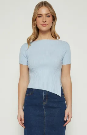 Asymmetric Hem Boat Neckline Knit Top (WKN729)