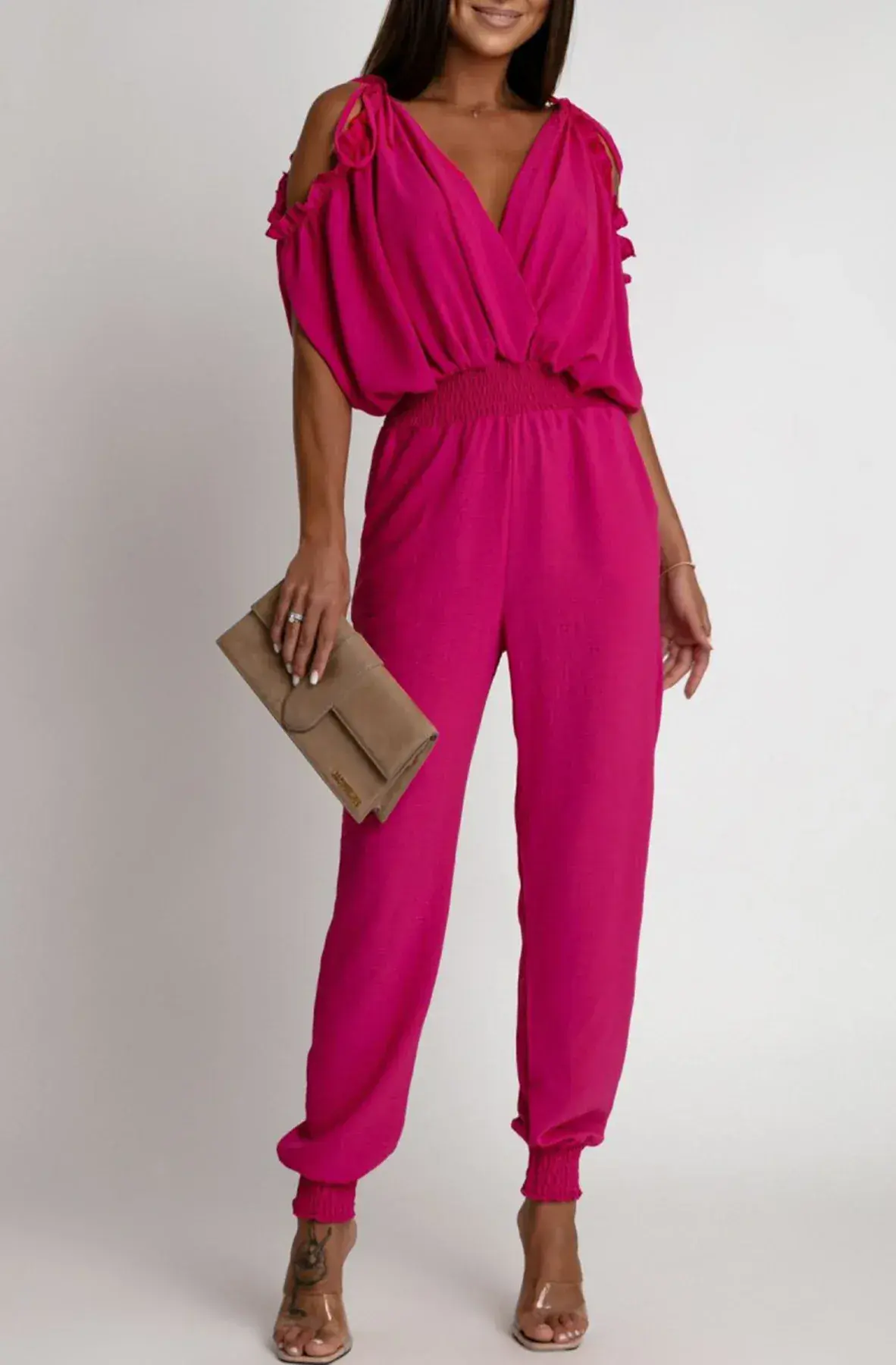 Azeila Cold  Shoulder Jumpsuit -Hot Pink