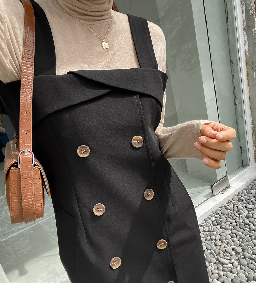 Beige Black Suspenders Classic Double Breasted Trench Dresses For Womens Sleeveless Pencil Fitted Korean Drama Fashion Style Clo