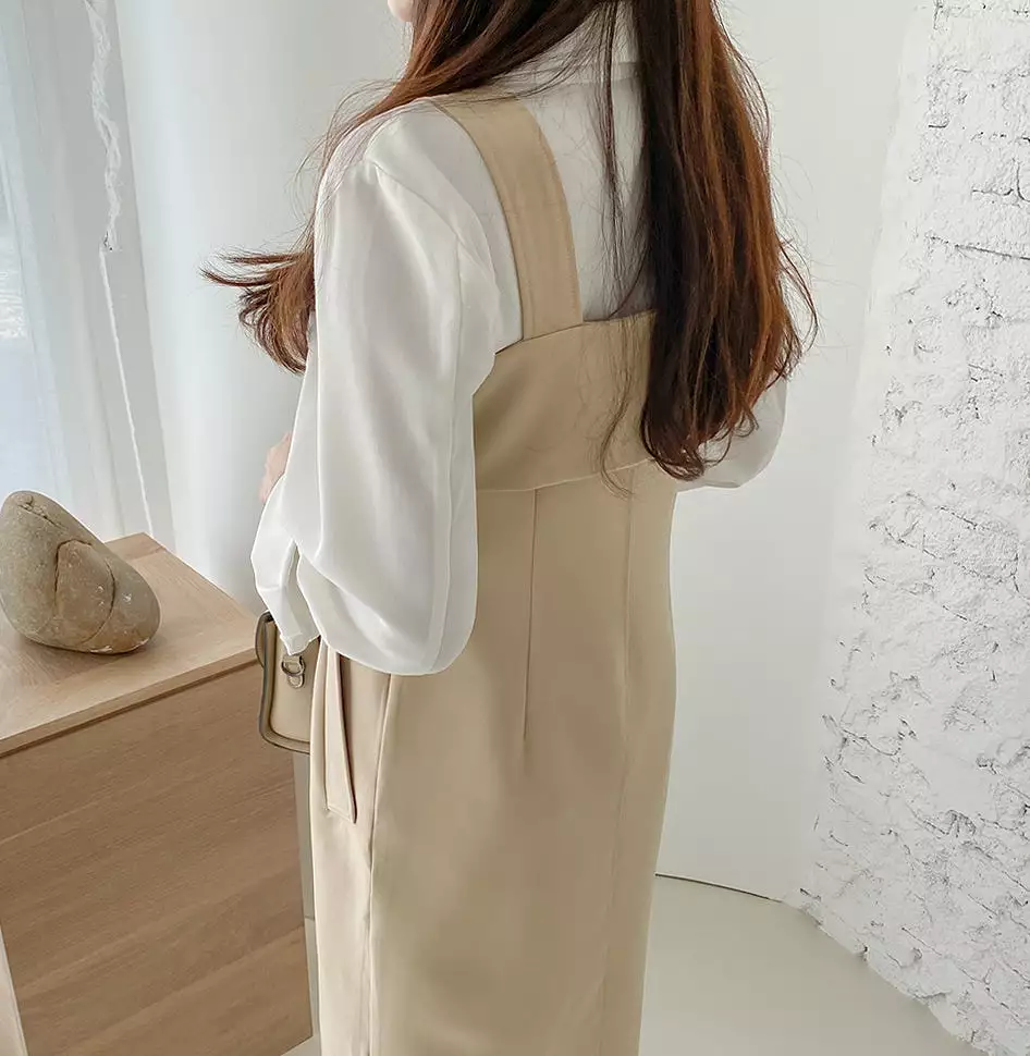 Beige Black Suspenders Classic Double Breasted Trench Dresses For Womens Sleeveless Pencil Fitted Korean Drama Fashion Style Clo