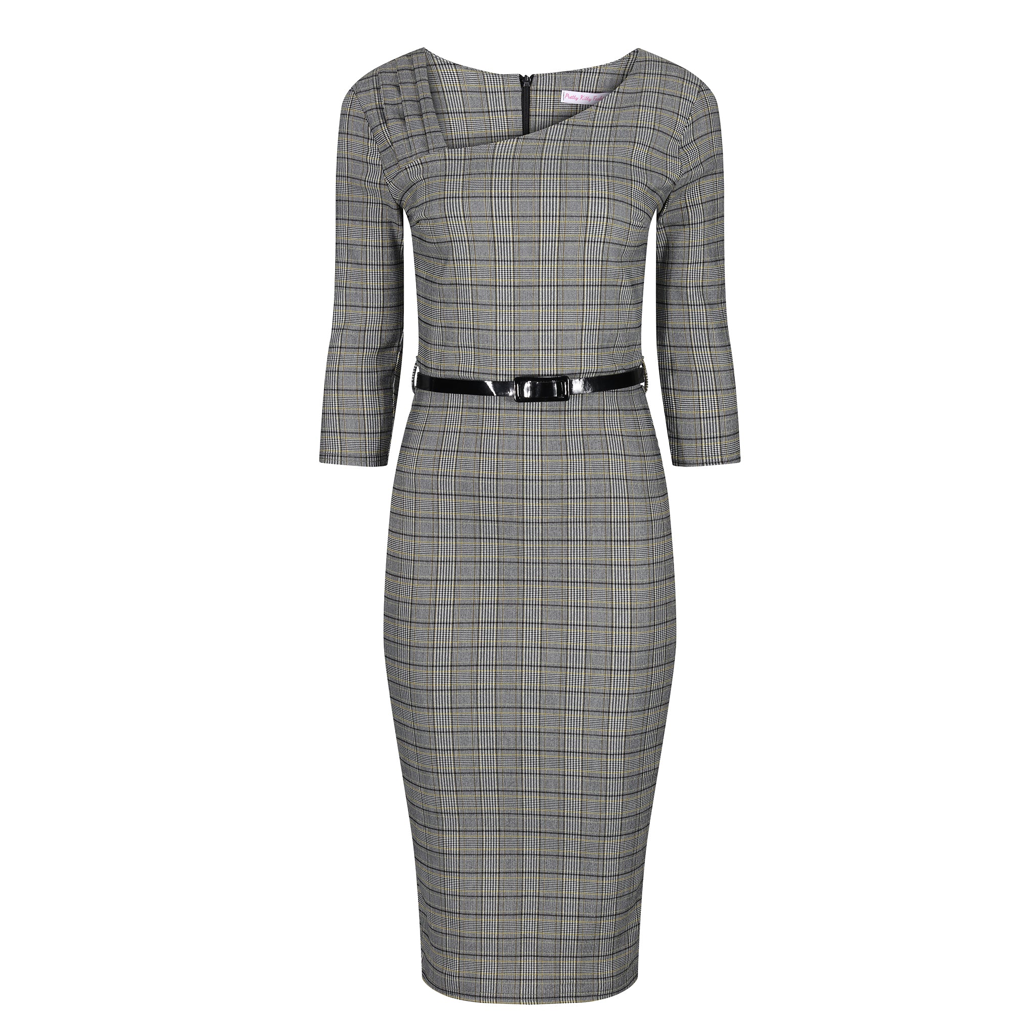 Black & White Check Tartan Vintage Belted 3/4 Sleeve Pencil Dress