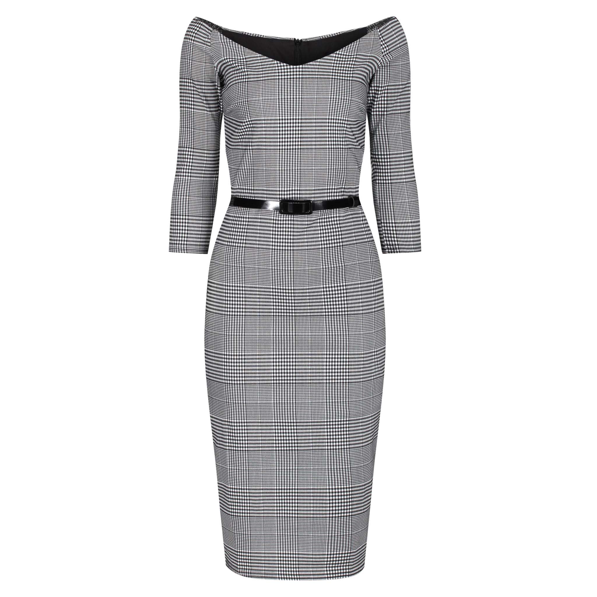 Black & White Check Vintage Belted 3/4 Sleeve Pencil Dress