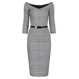 Black & White Check Vintage Belted 3/4 Sleeve Pencil Dress