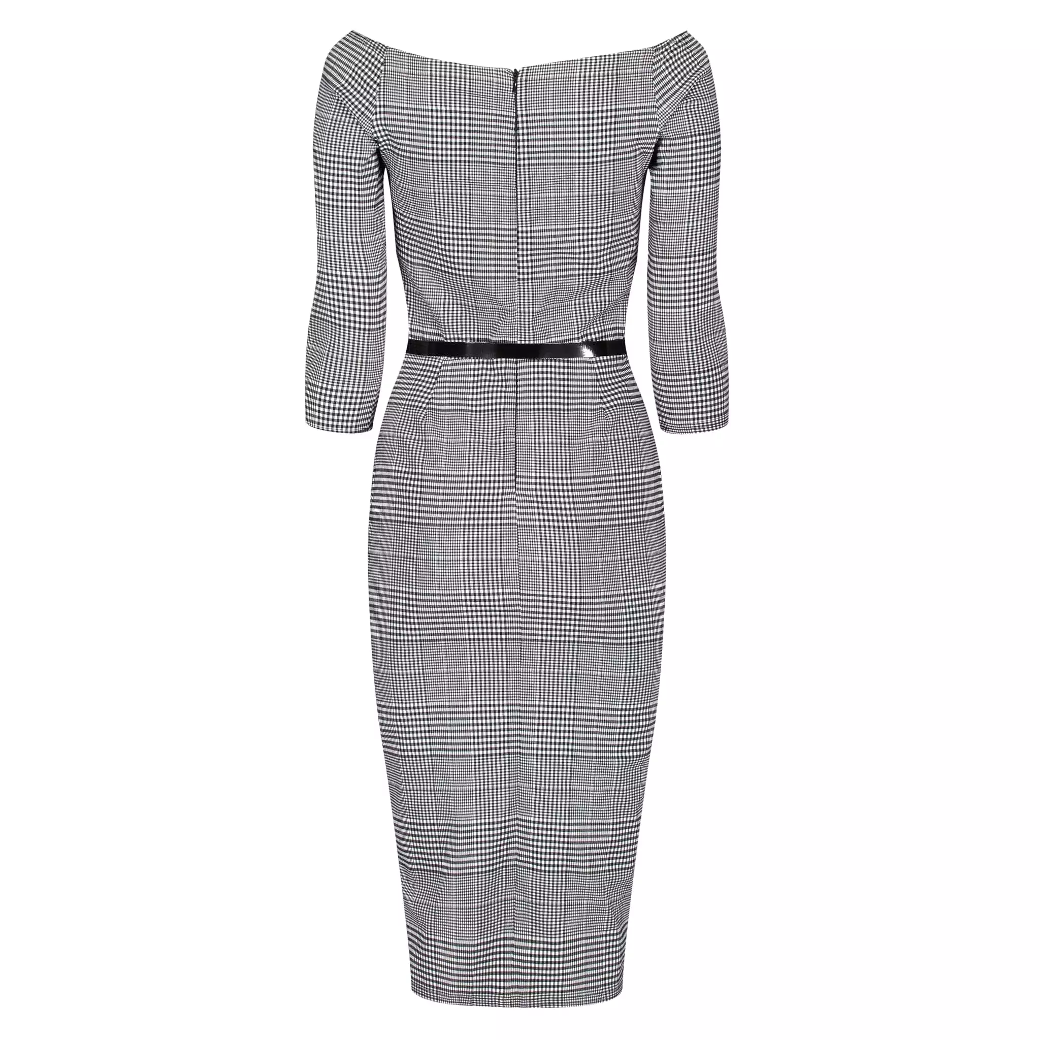 Black & White Check Vintage Belted 3/4 Sleeve Pencil Dress