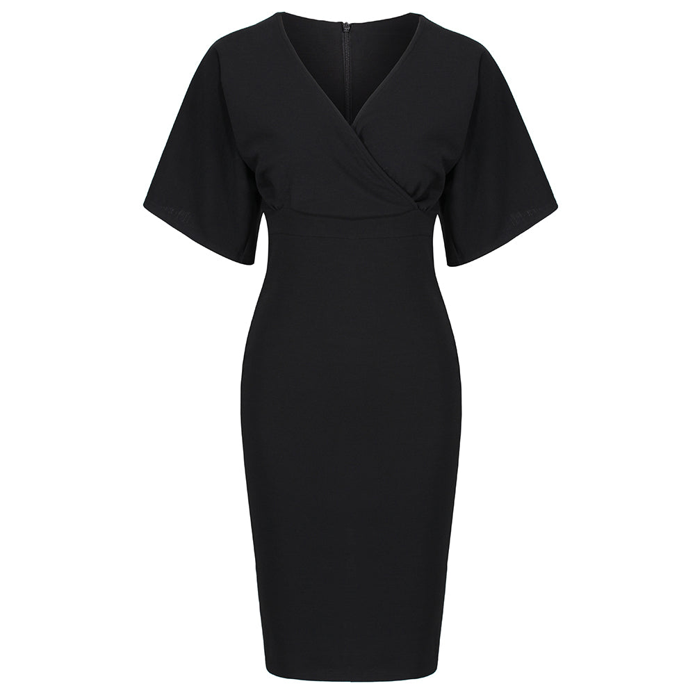 Black 1/2 Sleeve 40s Pin-up Wrap Pencil Wiggle Dress