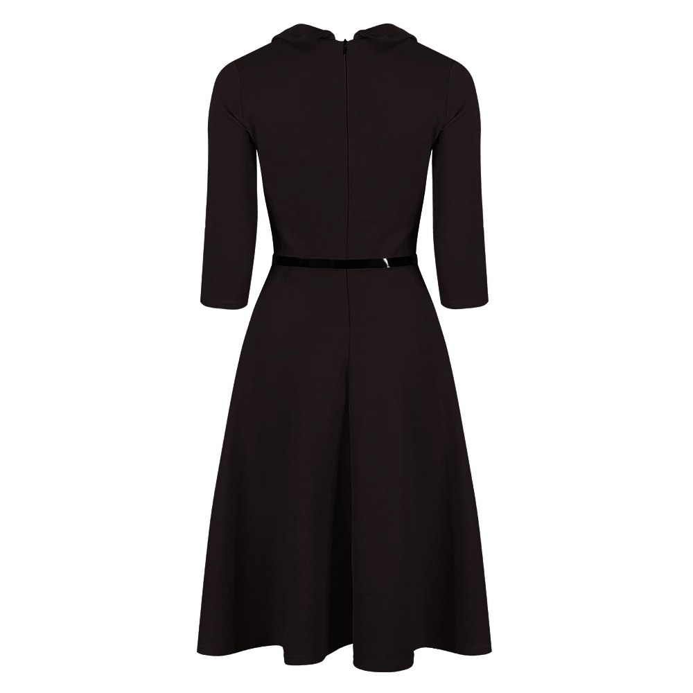 Black 3/4 Sleeve Collar Wrap Effect Swing Dress With Belt