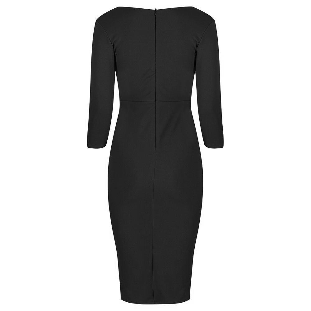 Black 3/4 Sleeve Empire Waist Waterfall Ruffle Wiggle Pencil Dress