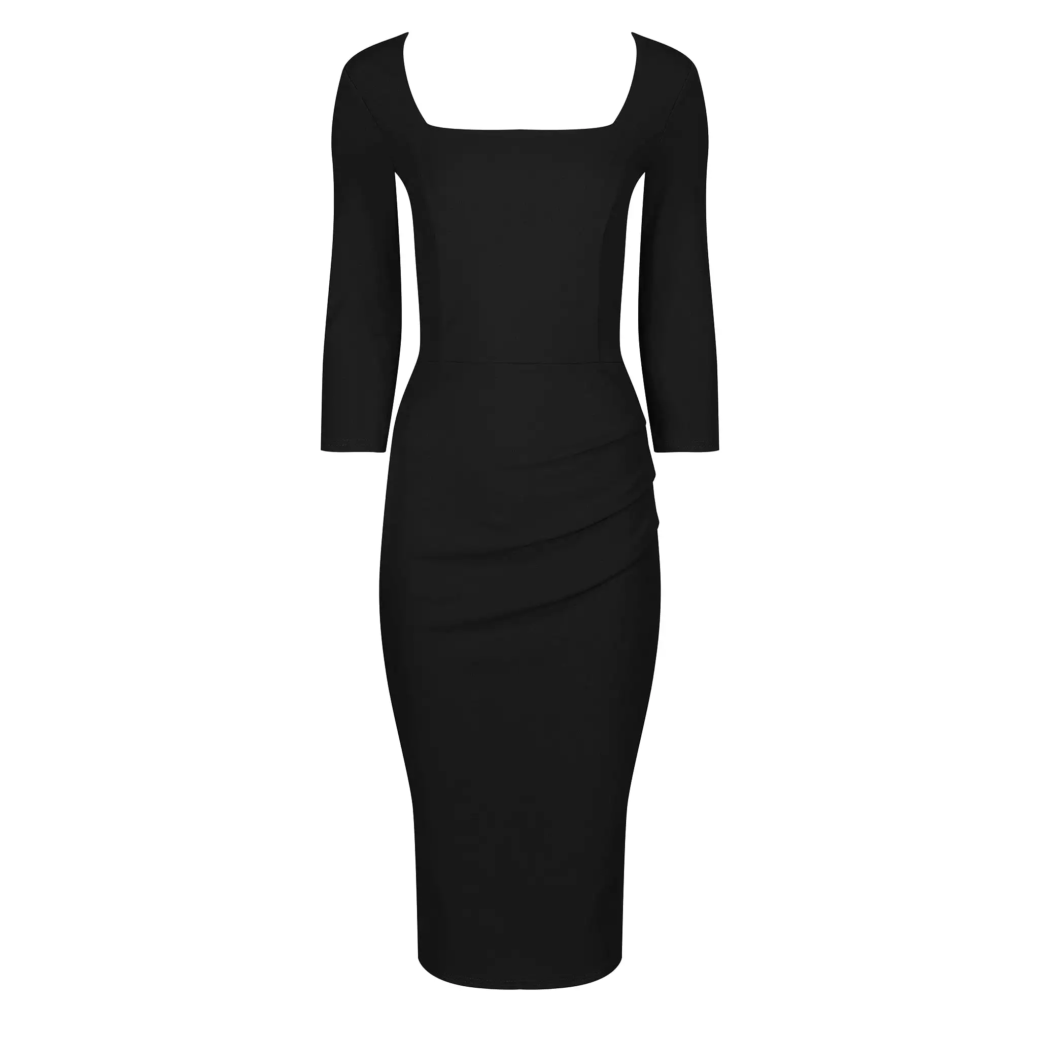 Black 3/4 Sleeve Square Neckline Wiggle Pencil Dress