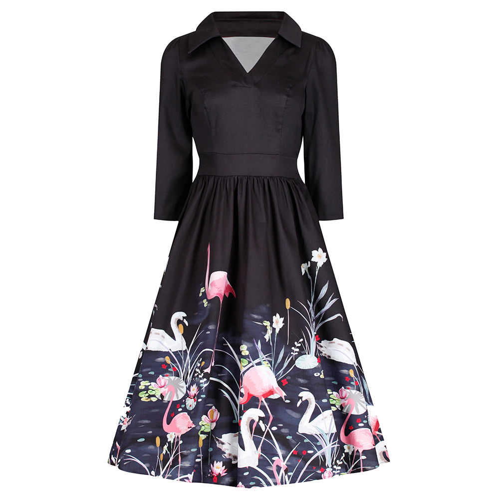 Black 3/4 Sleeve Swan and Flamingo Print 50s Swing Tea Dress