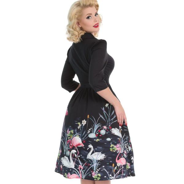 Black 3/4 Sleeve Swan and Flamingo Print 50s Swing Tea Dress