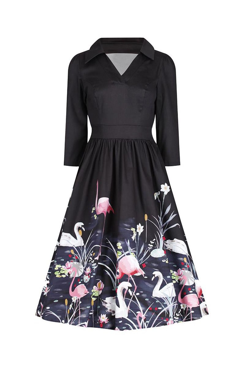 Black 3/4 Sleeve Swan and Flamingo Print 50s Swing Tea Dress