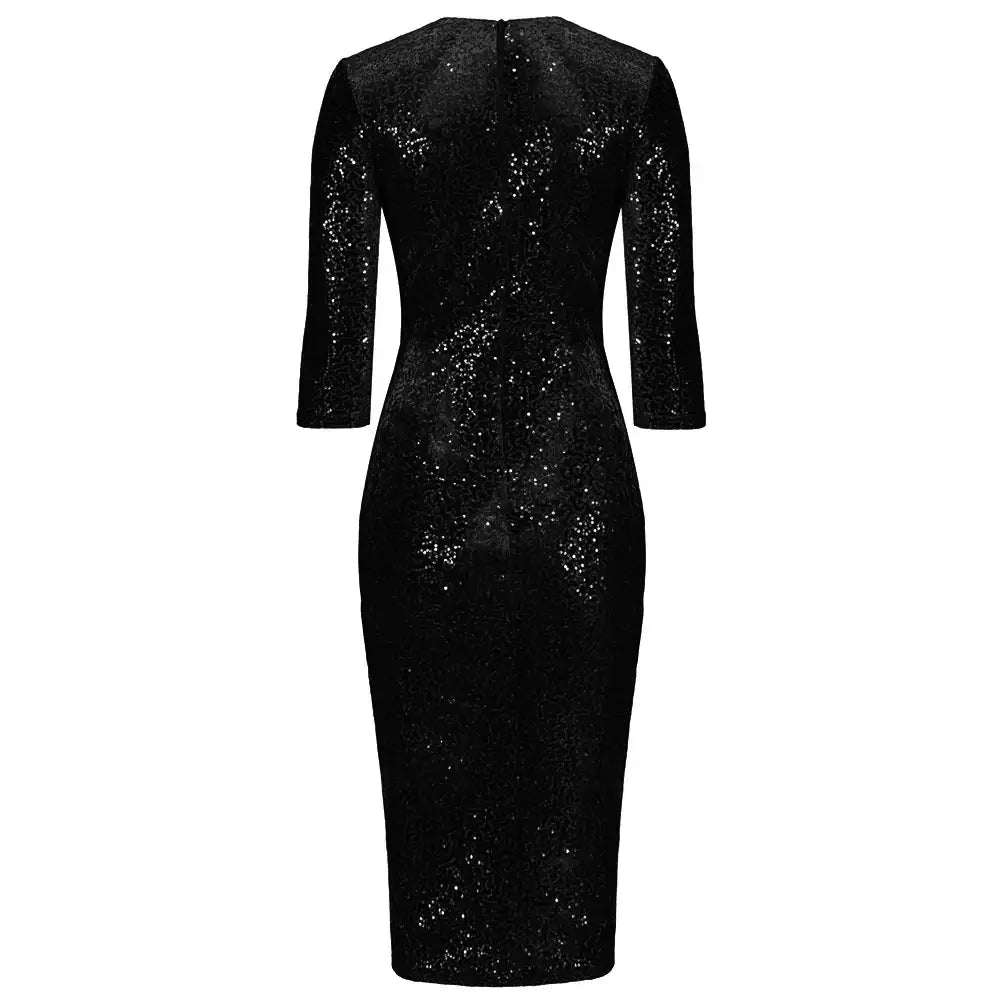 Black 3/4 Sleeve V Neck Velour Sequin Pencil Wiggle Dress