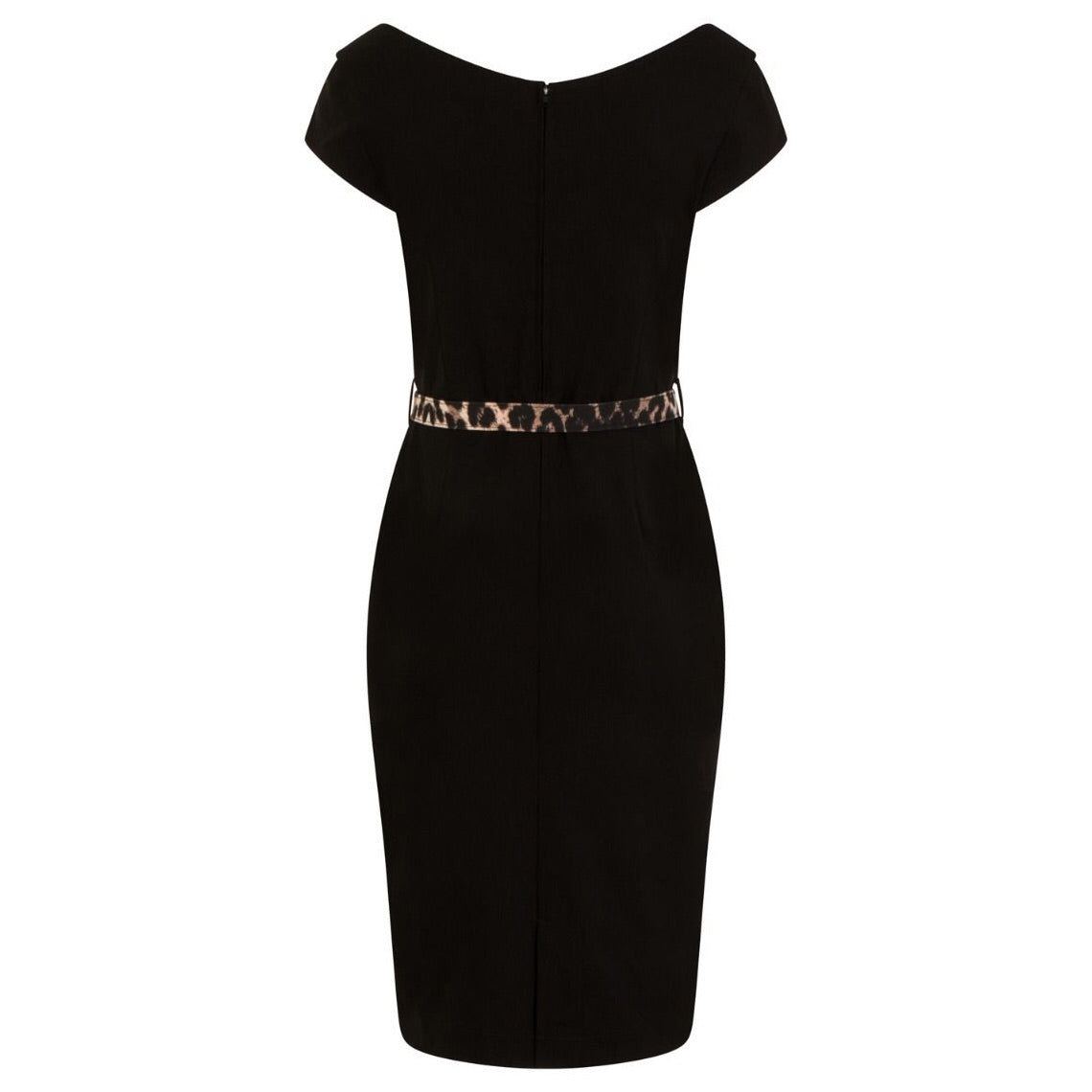 Black And Leopard Print Detail Belted Capped Sleeve Pencil Dress