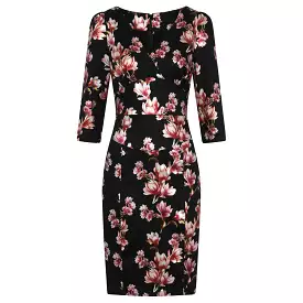 Black And Metallic Magnolia Print 3/4 Sleeve 50s Wiggle Dress