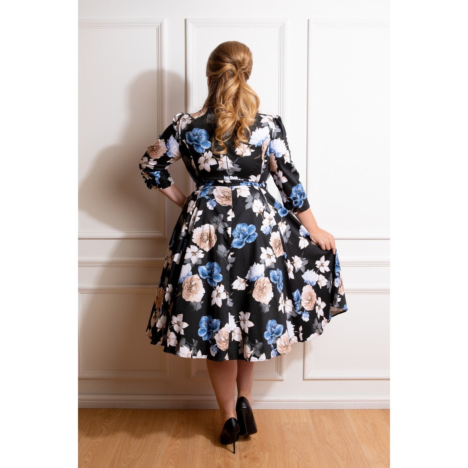 Black And Multi Floral Print 3/4 Sleeve 50s Swing Dress