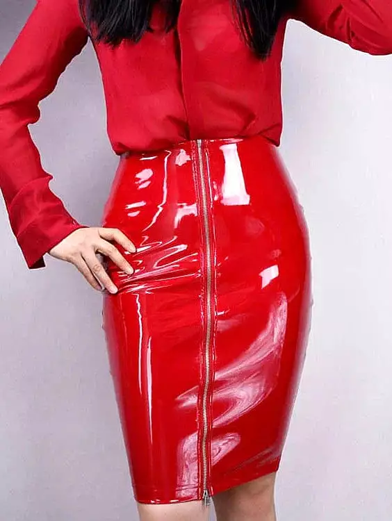 Black and Red Faux Leather Pencil Midi Skirt for Women with Zipper Closure- M, L, XL