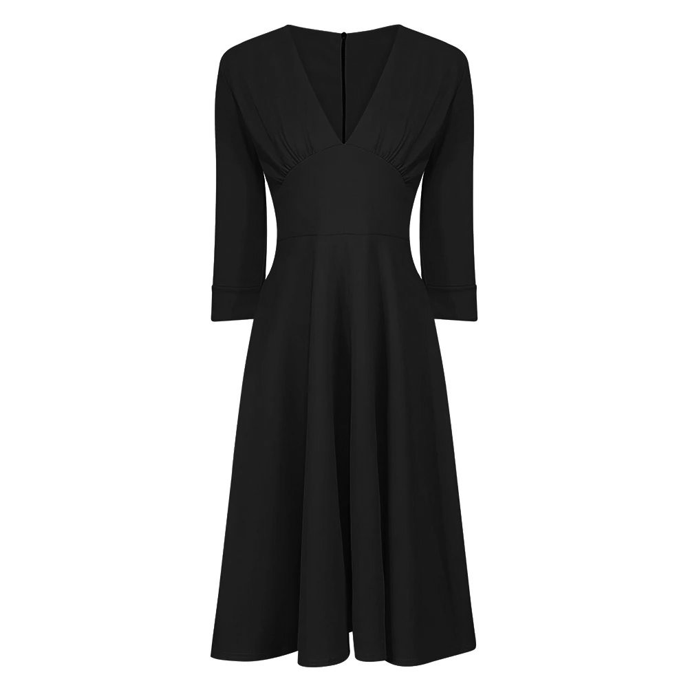 Black Deep V Neck 3/4 Sleeve Rockabilly 50s Swing Dress