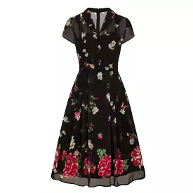 Black Floral and Butterfly Print Chiffon Overlay Retro 40s Tea Dress