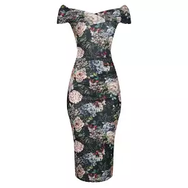 Black Floral Print Cap Sleeve Crossover Top Bardot Pencil Dress