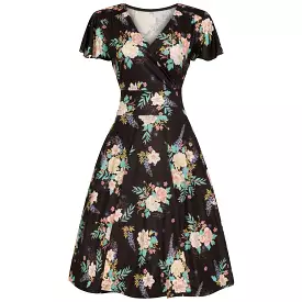 Black Floral Print Cap Sleeve Wrap Top Empire Waist Swing Dress