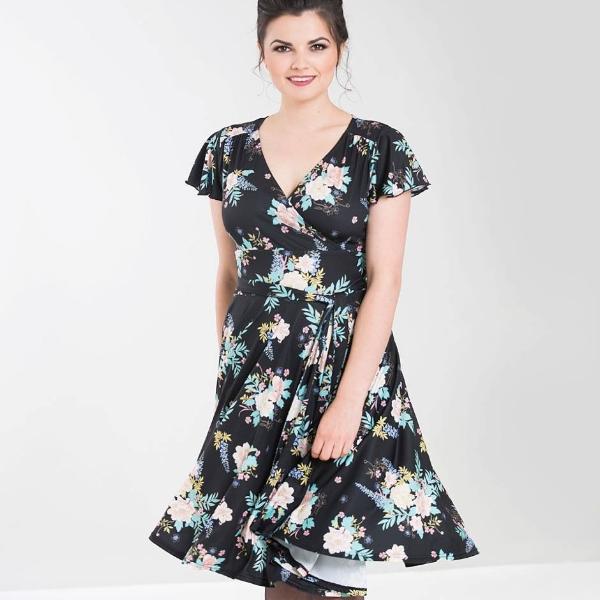 Black Floral Print Cap Sleeve Wrap Top Empire Waist Swing Dress