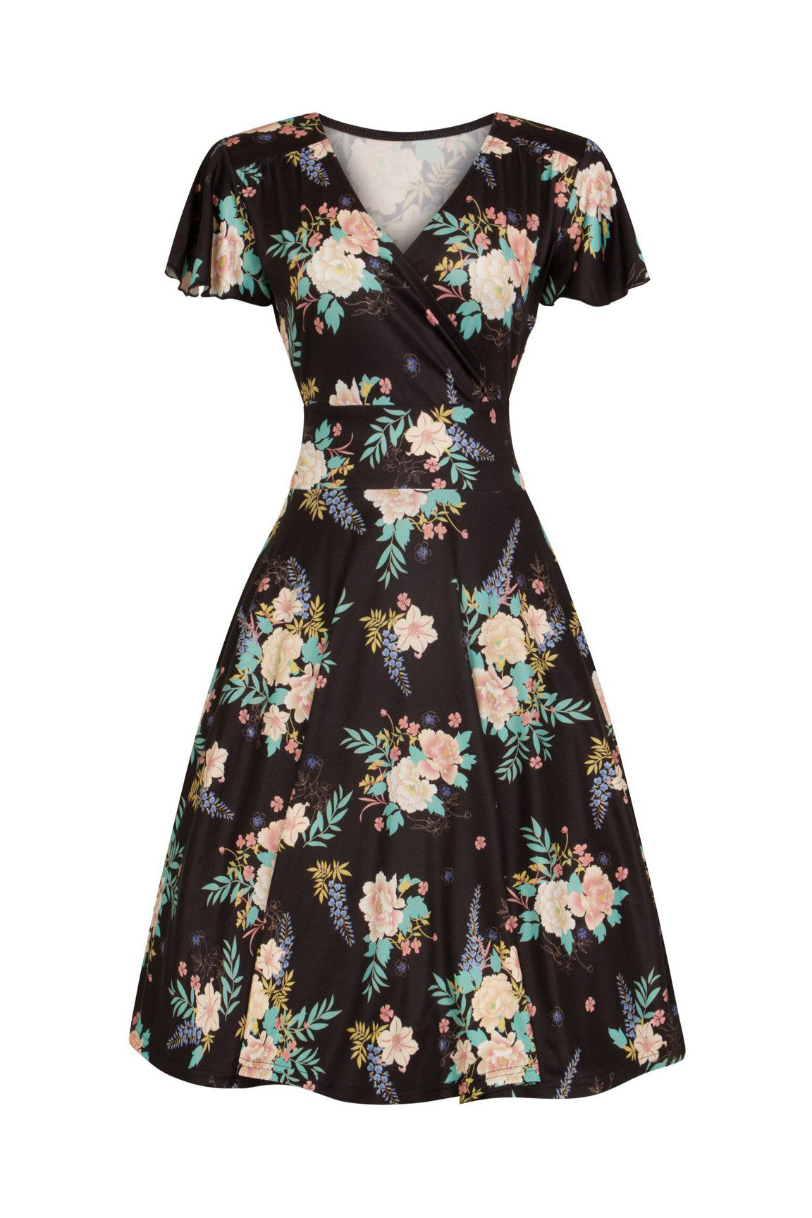 Black Floral Print Cap Sleeve Wrap Top Empire Waist Swing Dress