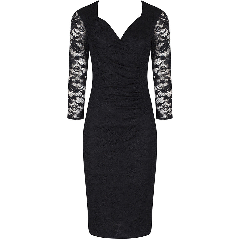 Black Lace 3/4 Sleeve Vintage Bodycon Wiggle Dress