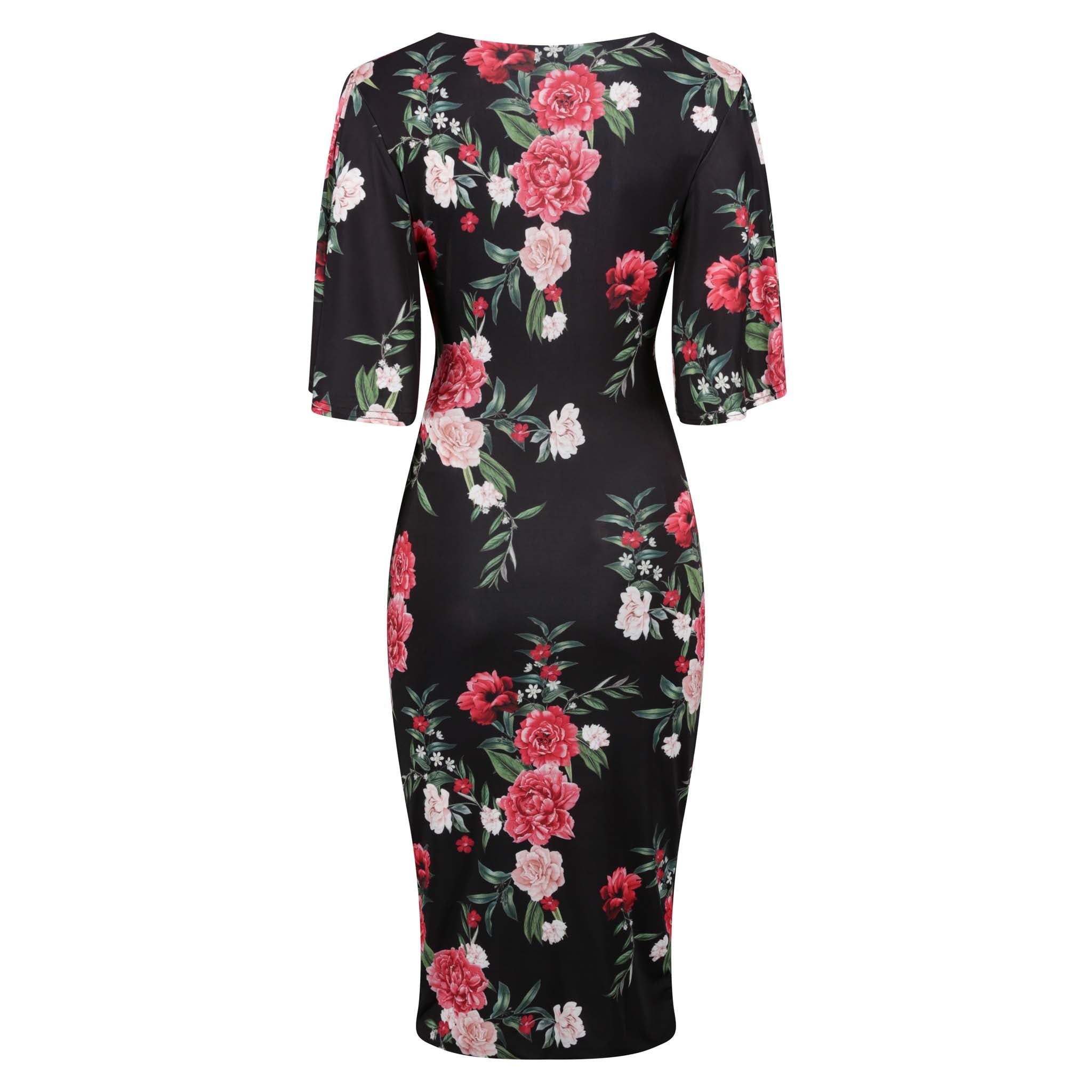 Black Pink Rose Butterfly Sleeve Slinky Pencil Cocktail Dress