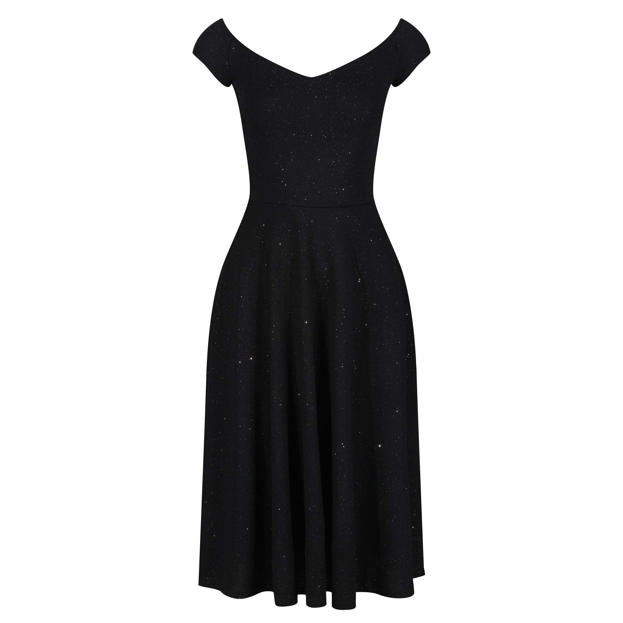 Black Silver Glitter Vintage Cap Sleeve Swing Dress