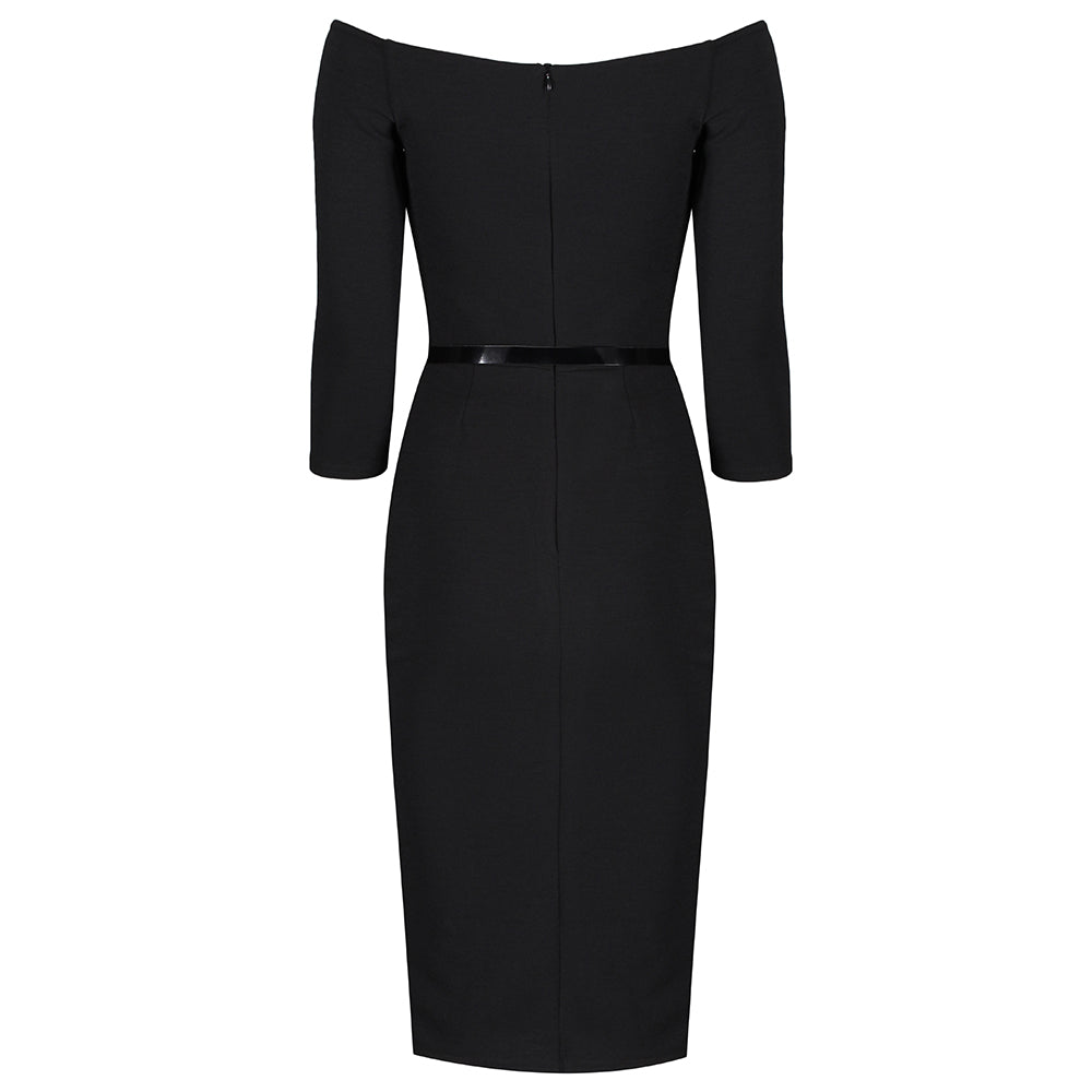 Black Wide V Neck 3/4 Sleeve Vintage Style Belted Bodycon Pencil Dress