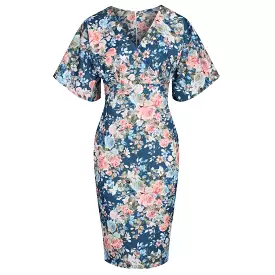 Blue Floral Half Batwing Sleeve Crossover Top Pencil Dress