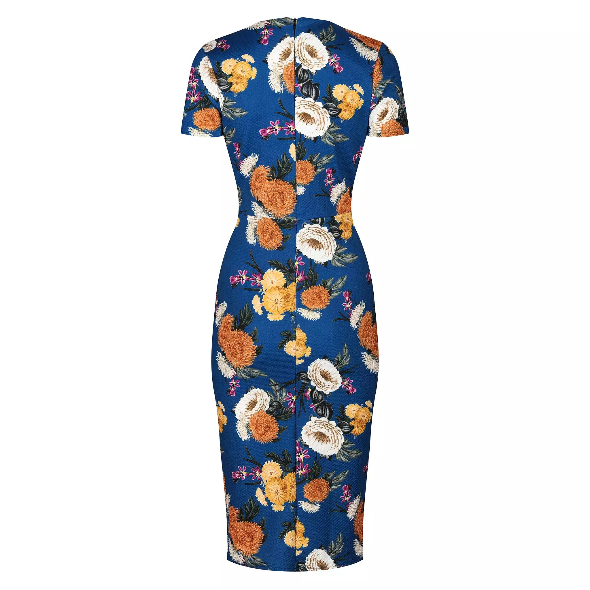 Blue Floral Print Jacquard Pencil Dress With Cap Sleeves & Empire Waist