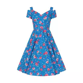 Blue Pink Floral Retro Cold Shoulder Swing Party Dress