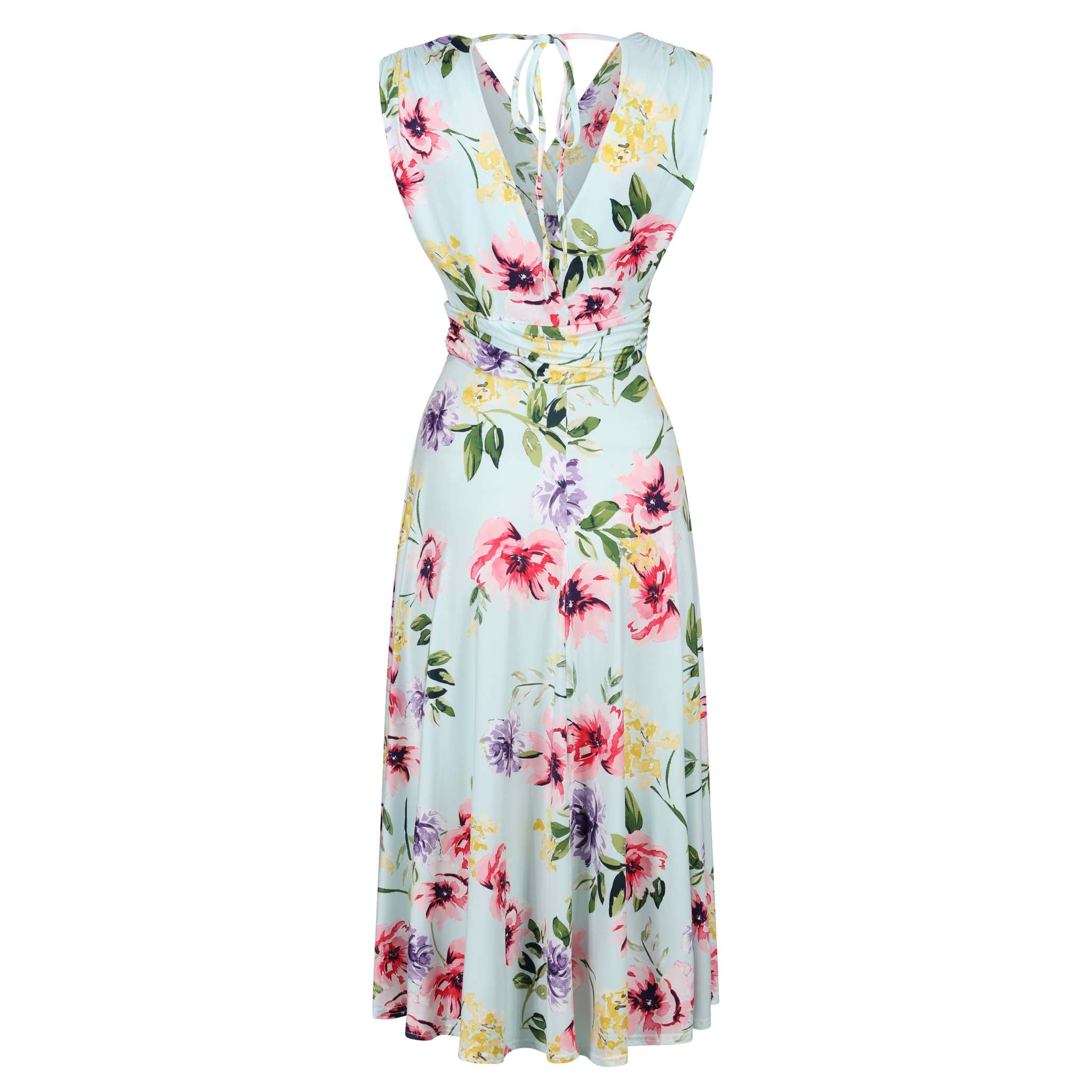 Blue Pink Yellow Floral V Neck Crossover Top Empire Waist Swing Dress