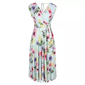 Blue Pink Yellow Floral V Neck Crossover Top Empire Waist Swing Dress