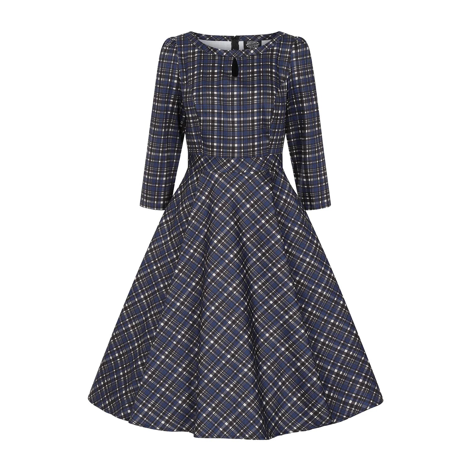 Blue Tartan Check Long Sleeve Burns Night & Rockabilly Style Swing Dress