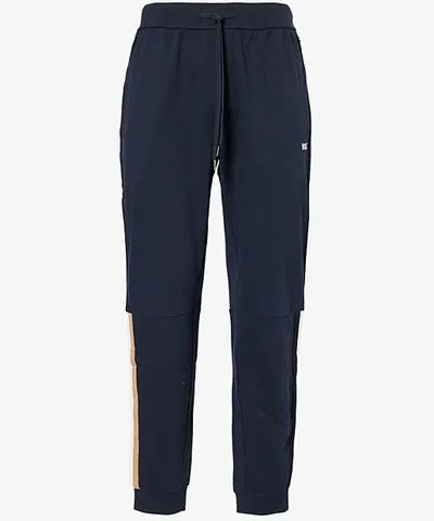 Boss Mens Dark Blue Iconic stripe-trim tapered leg cotton-jersey jogging bottoms