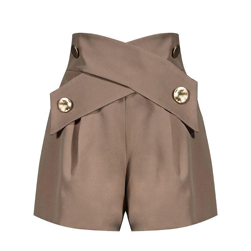 Brown High Waisted Ruched Gold Button Shorts