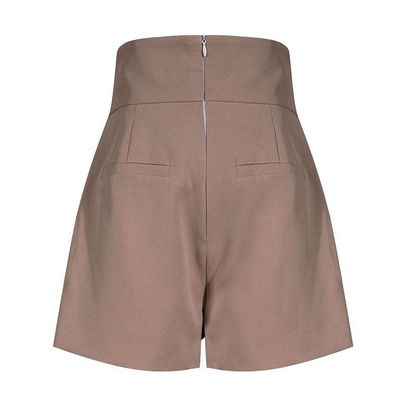 Brown High Waisted Ruched Gold Button Shorts