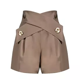 Brown High Waisted Ruched Gold Button Shorts