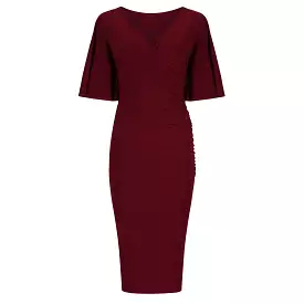 Burgundy Wine Red Butterfly Sleeve Slinky Pencil Cocktail Dress