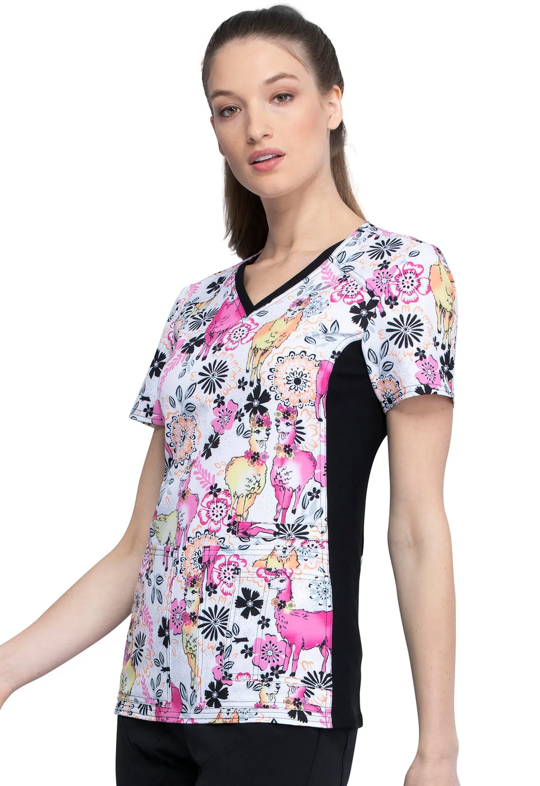 Cherokee I-Flex V-Neck Knit Panel Top in Lovely Llamas